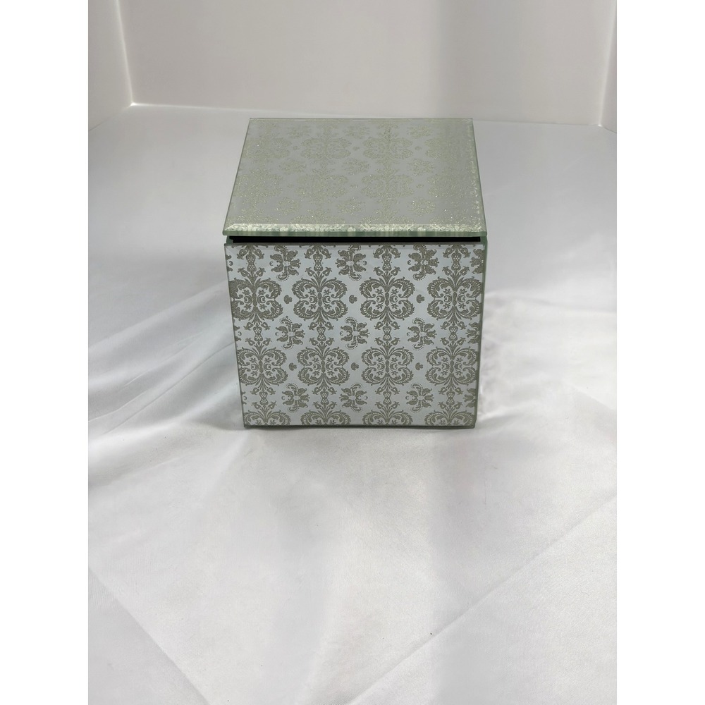 Mirrored Jewelry Box Silver Damask Glam Keepsake Cube Elegant Trinket Box Decor